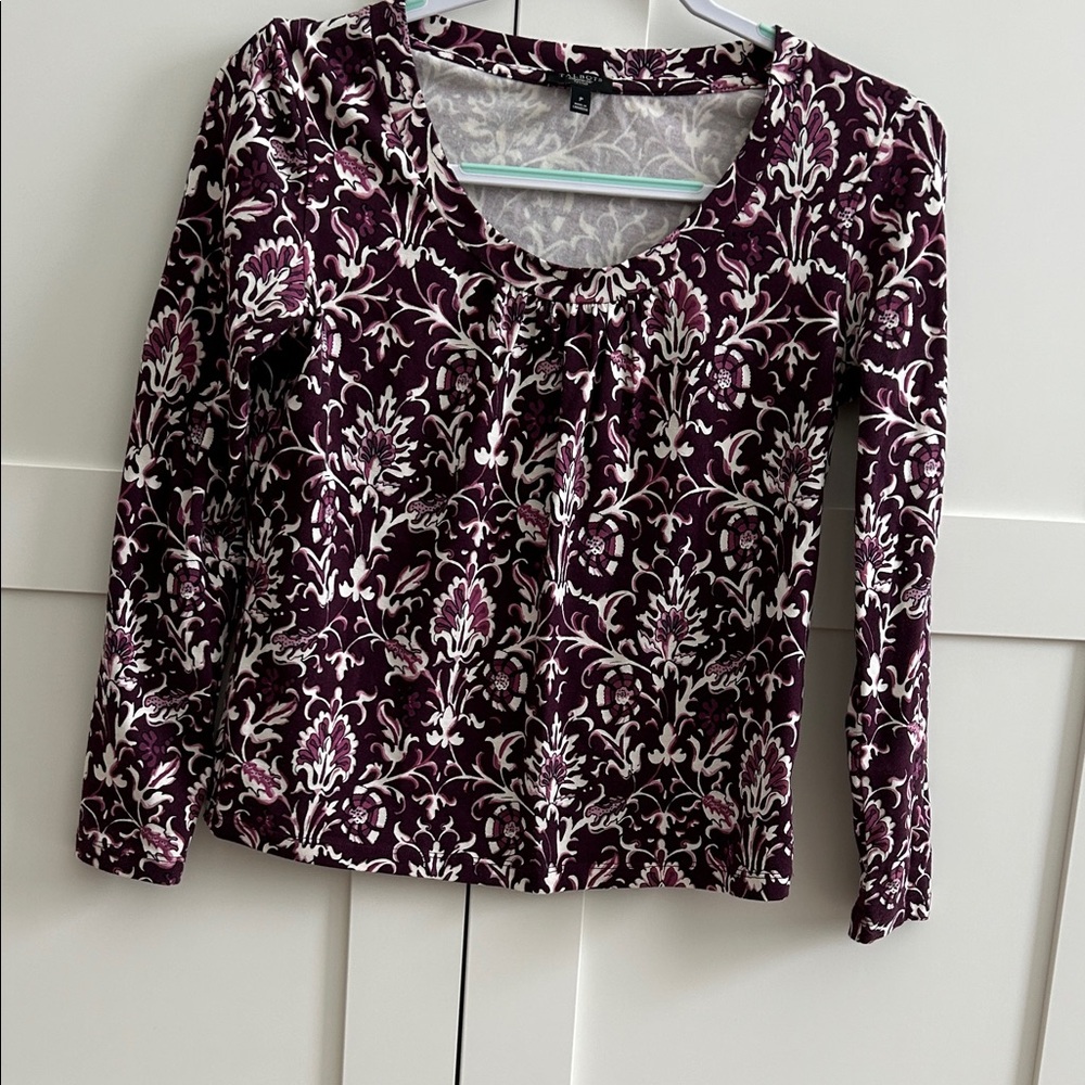 Talbots Plum and Cream Floral Long-Sleeve Scoop Neck Top
